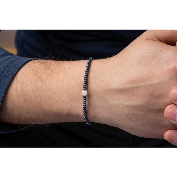 4mm Ay Taşı - Petrol Mavi Miyuki Boncuk - Gümüş Bileklik PB24199