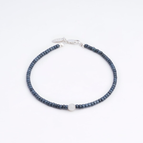 4mm Ay Taşı - Petrol Mavi Miyuki Boncuk - Gümüş Bileklik PB24199