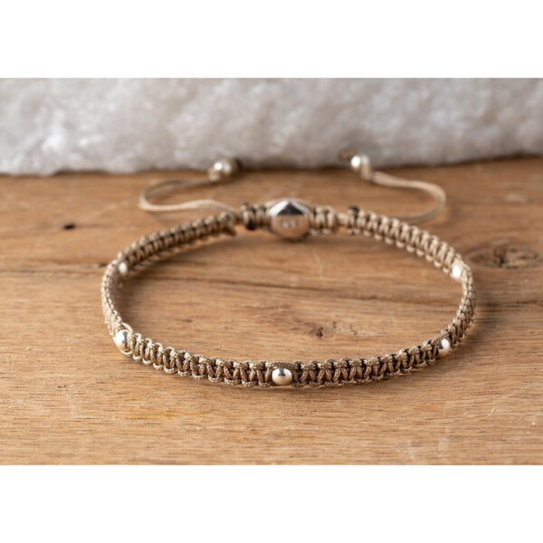 925 Gümüş Makrome Örgü Bej Renk Paraşüt İpli Bileklik