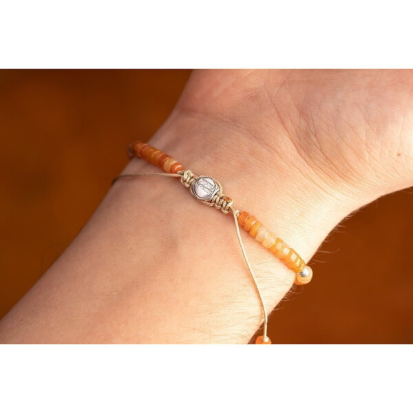 Akik Taşı - 925 Ayar Gümüş Bej Renk Paraşüt İp Bileklik PB23751