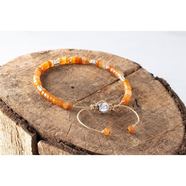 Akik Taşı - 925 Ayar Gümüş Bej Renk Paraşüt İp Bileklik PB23751