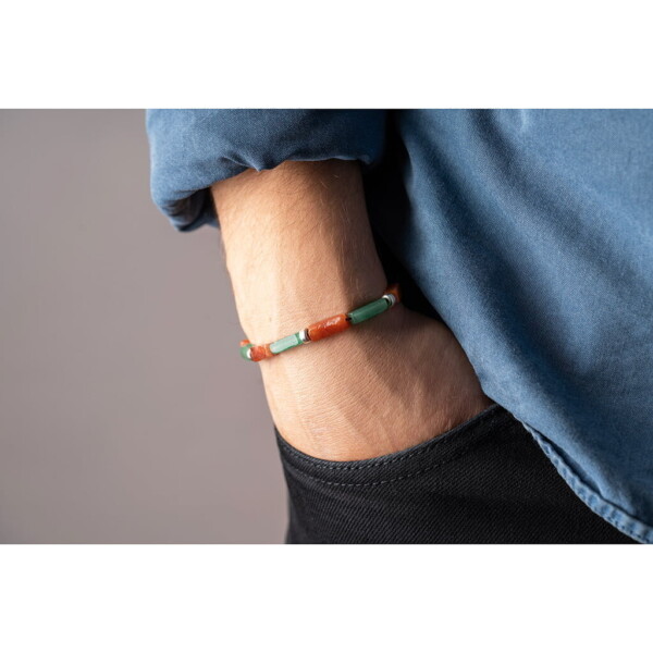 Yeşil - Kırmızı Akik Taşı - 925 Ayar Gümüş Bileklik - Çimen