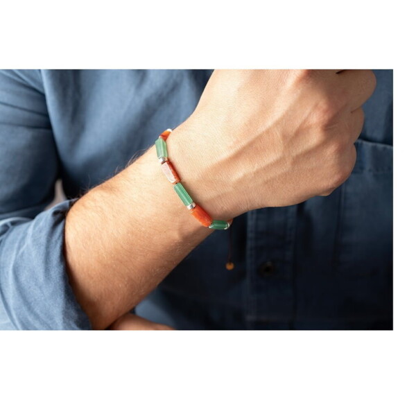Yeşil - Kırmızı Akik Taşı - 925 Ayar Gümüş Bileklik - Çimen