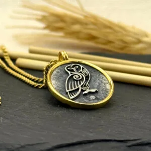 Baykuş Figürlü Kolye 14k Altın Kaplama ve 925 Okside Gümüş PB16121