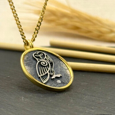 Baykuş Figürlü Kolye 14k Altın Kaplama ve 925 Okside Gümüş PB16121