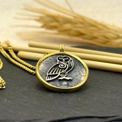 Baykuş Figürlü Kolye 14k Altın Kaplama ve 925 Okside Gümüş PB16121