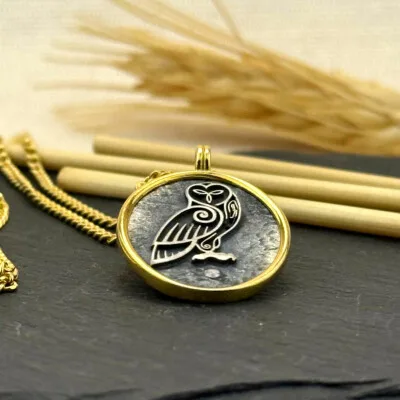 Baykuş Figürlü Kolye 14k Altın Kaplama ve 925 Okside Gümüş PB16121