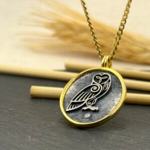 Baykuş Figürlü Kolye 14k Altın Kaplama ve 925 Okside Gümüş PB16121