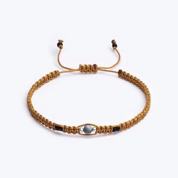 Doğal Taş + Gümüş Makrame Örgü Sütlü Kahve Unisex Bileklik