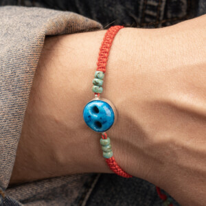 Kırmızı Makrome Örgülü - Süryani Nazarlığı Bileklik - Gelincik