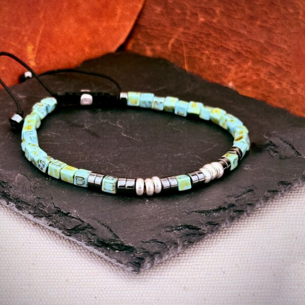 Miyuki küp boncuklu hematit bileklik siyah turkuaz renk kombinasyonu asansörlü kapama